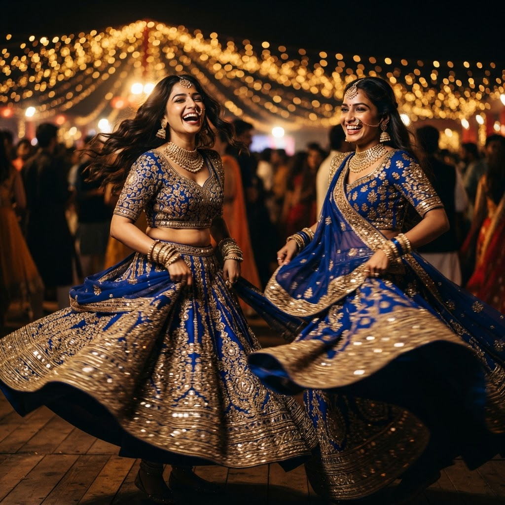 Dancers in royal garba attire twirling at RangiloRaas
